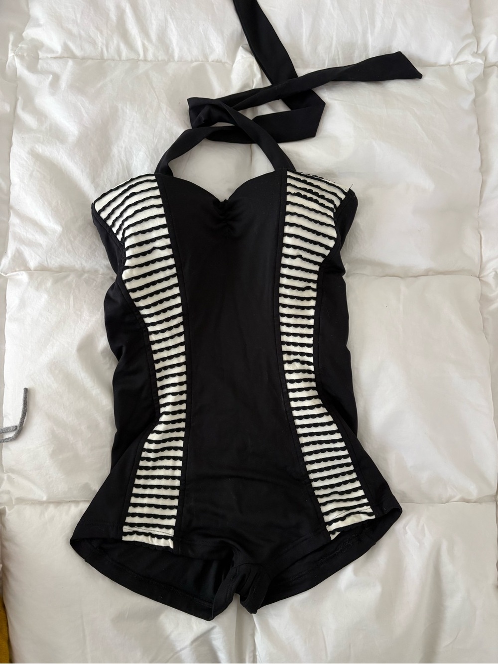 Black One-Piece Seafolly Halter Swimsuit with White Striped Panels